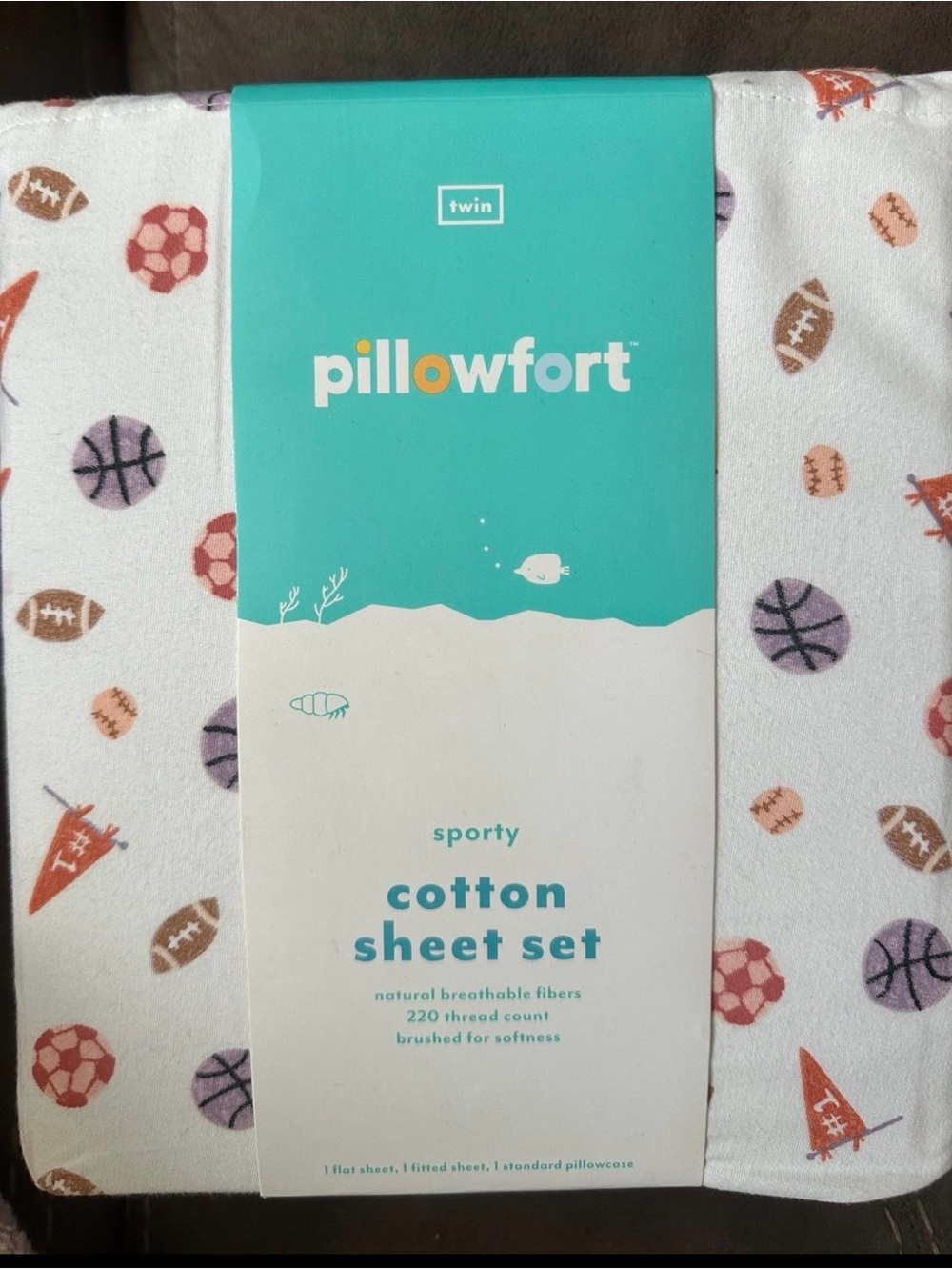 Pillowfort Twin Cotton Sheet Set - White with Multicolor Sports Motif